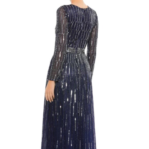 MAC DUGGAL 4977 SEQUINED V-NECK ILLUSIONS A-LINE MIDNIGHT GOWN sz 12 - Picture 4 of 5